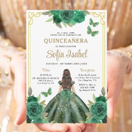 Floral Emerald Green Gold Butterfly Quinceanera Einladung