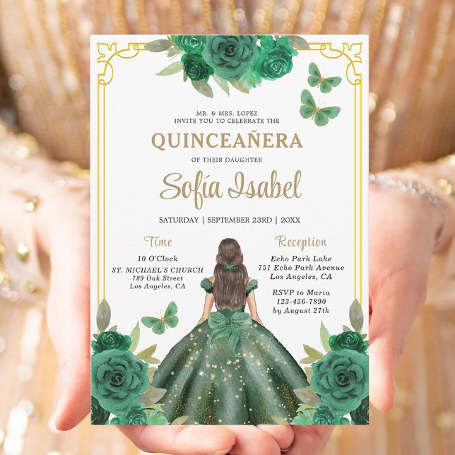 Floral Emerald Green Gold Butterfly Quinceanera Einladung (Von Creator hochgeladen)