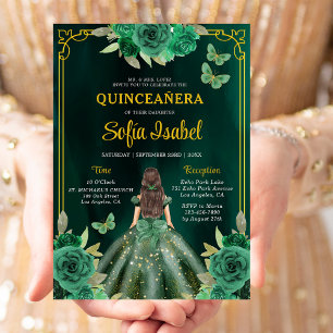 Floral Emerald Green Gold Butterfly Quinceanera Einladung