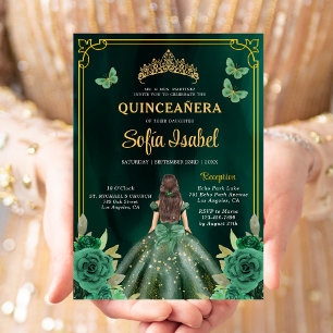 Floral Emerald Green Gold Butterfly Quinceanera Einladung