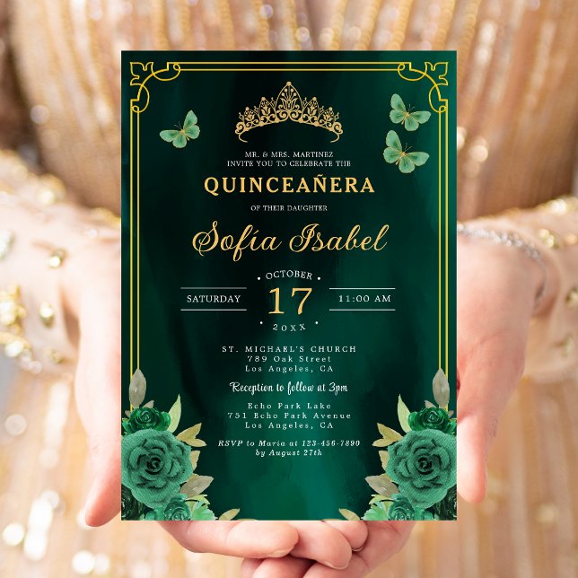 Floral Emerald Green Gold Butterfly Quinceanera Einladung (Von Creator hochgeladen)