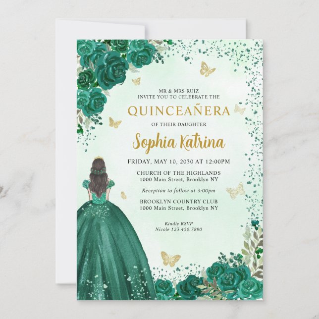 Floral Emerald Green Gold Princess Quinceanera Einladung (Vorderseite)