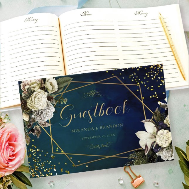 Floral Emerald Green Gold Wreath Wedding Gästebuch (Von Creator hochgeladen)