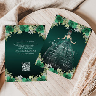 Floral Emerald Green Kleid Geburtstag QR Quinceane Einladung