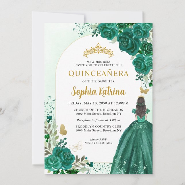 Floral Emerald Green Princess Birthday Quinceanera Einladung (Vorderseite)