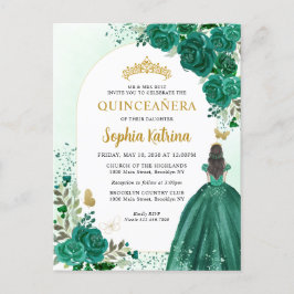 Floral Emerald Green Princess Birthday Quinceanera Einladungspostkarte