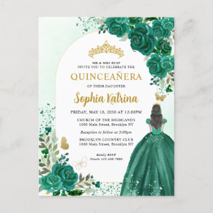 Floral Emerald Green Princess Birthday Quinceanera Einladungspostkarte