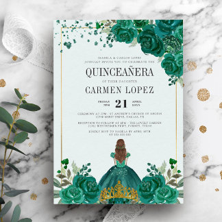 Floral Emerald Green Princess Quinceanera Einladung