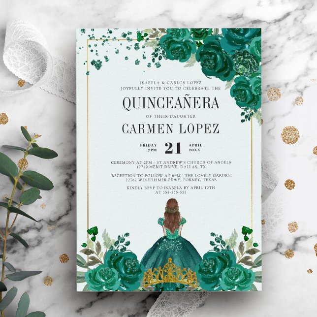 Floral Emerald Green Princess Quinceanera Einladung (Von Creator hochgeladen)
