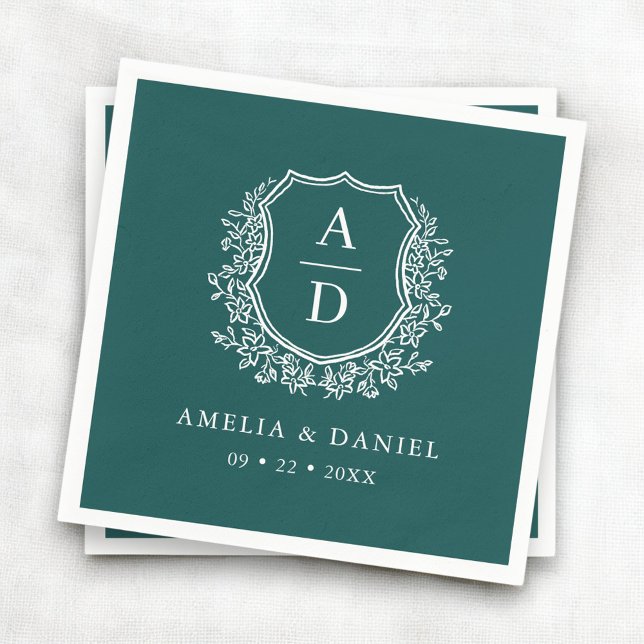 Floral Emerald Green Wappen Wedding Monogram Serviette (Von Creator hochgeladen)