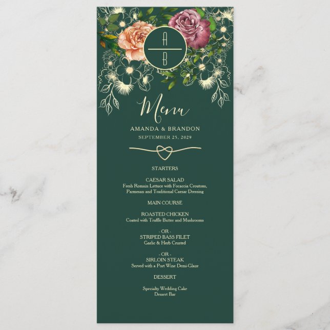Floral Emerald Green Wedding Menu Menükarte (Vorderseite)
