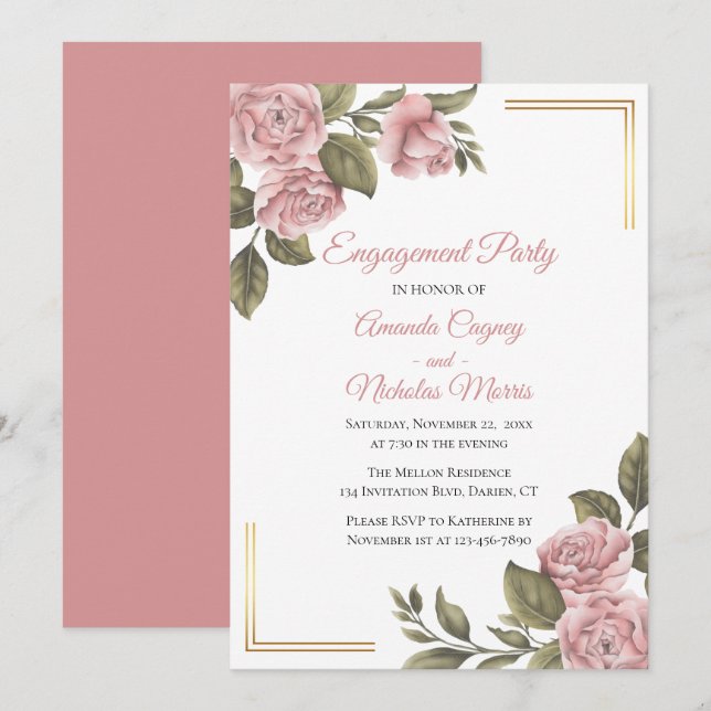 Floral Engagement Party Pink Peony Elegante Hochze Einladung (Vorne/Hinten)