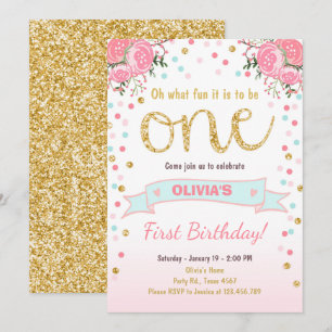 Floral Erster Geburtstag laden Girl Pink Gold Rose Einladung