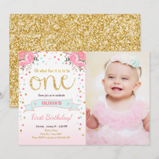 Floral Erster Geburtstag laden Girl Pink Gold Rose Einladung