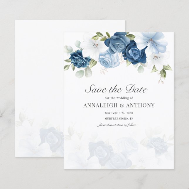 Floral Eucalyptus Dusty Blue Save the Date (Vorne/Hinten)