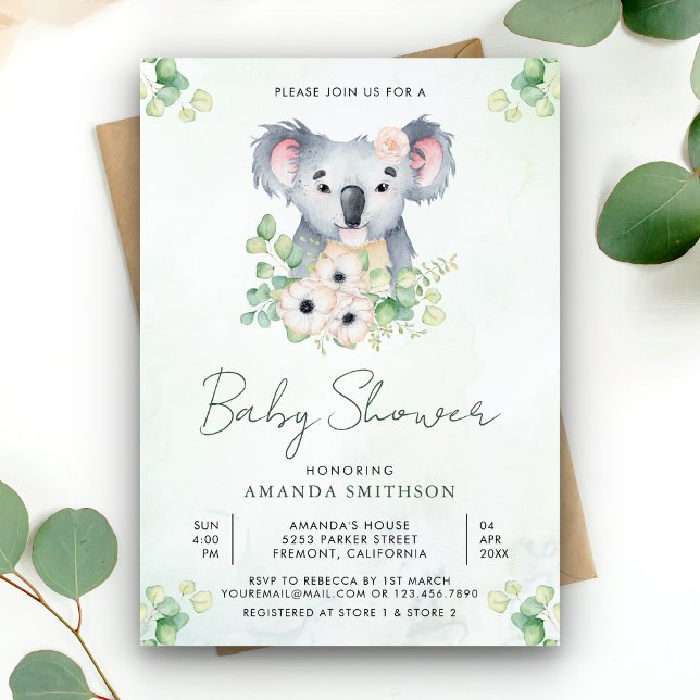Floral Eucalyptus Koala Girl Babydusche Einladung (Von Creator hochgeladen)
