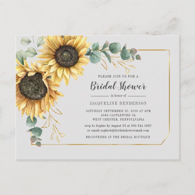 Floral Eucalyptus Sunflower Script-Brautparty Einladungspostkarte (Vorderseite)