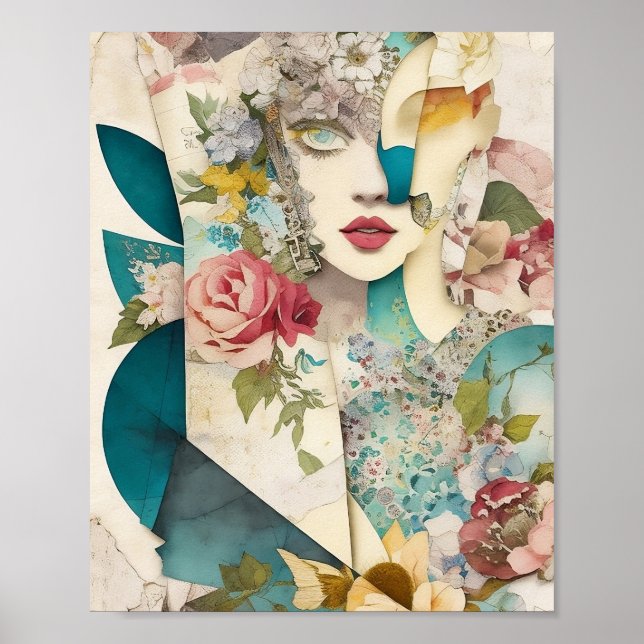 Floral Face Mixed Media Collage Ephemere Decoupage Poster (Vorne)
