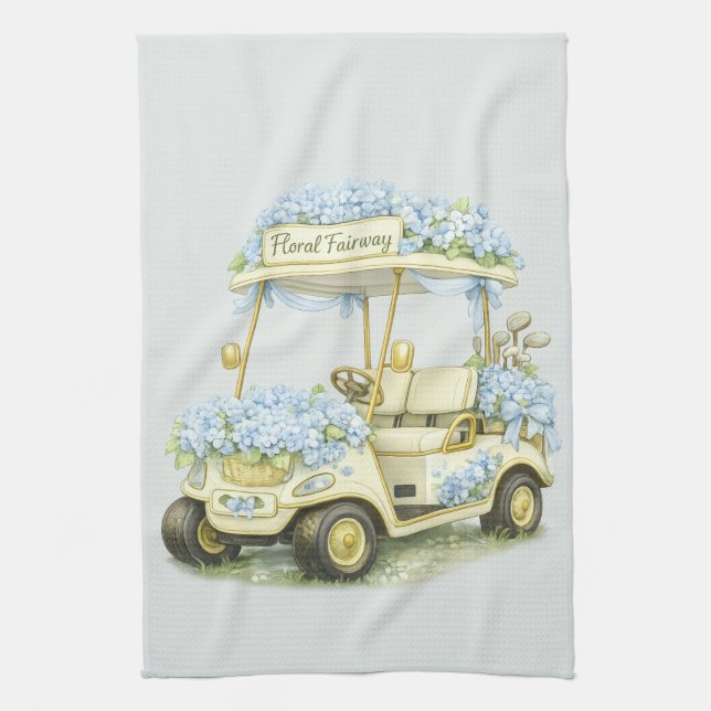 Floral Fairway Hydrangea Golf Cart Sage Tea Towel Geschirrtuch (Vertikal)
