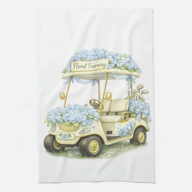 Floral Fairway Hydrangea Golf Cart White Tea Towel Geschirrtuch (Vertikal)