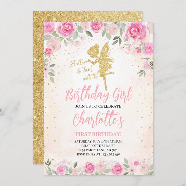 Floral Fairy Birthday Gold Glitzer Einladung (Vorne/Hinten)