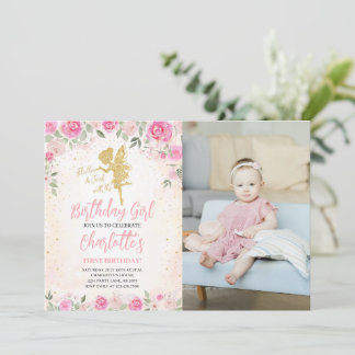 Floral Fairy Birthday Gold Glitzer Foto Einladung