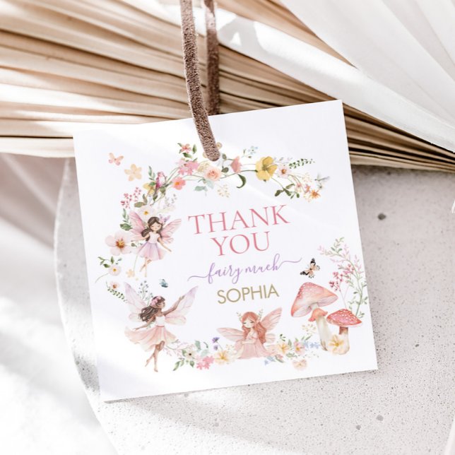 Floral Fairy First Birthday Party Square Geschenkanhänger (Floral Wildflower Fairy First Birthday Party Square Favor Tags)
