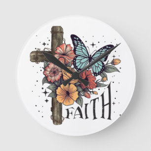 Floral Faith Cross Runde Wanduhr