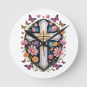 Floral Faith Cross Runde Wanduhr