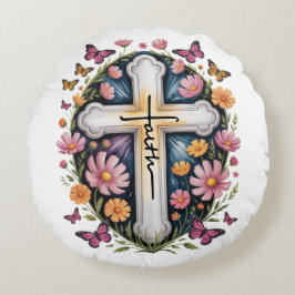 Floral Faith Cross Rundes Kissen
