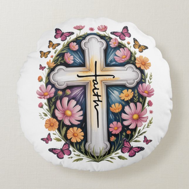 Floral Faith Cross Rundes Kissen (Vorderseite)
