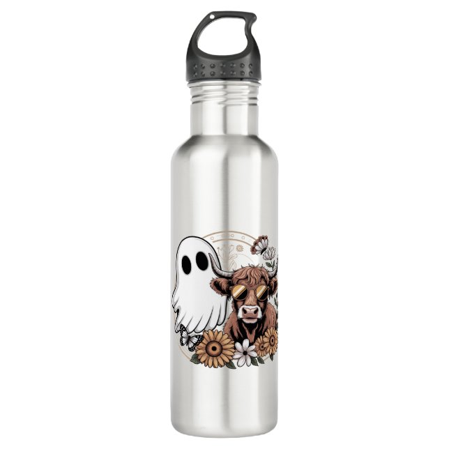 Floral Fall Highland Cow Ghost Edelstahlflasche (Vorderseite)