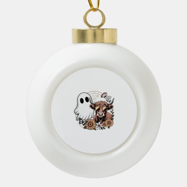 Floral Fall Highland Cow Ghost Keramik Kugel-Ornament (Vorderseite)