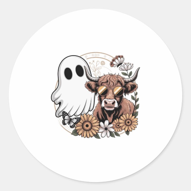 Floral Fall Highland Cow Ghost Runder Aufkleber (Vorderseite)