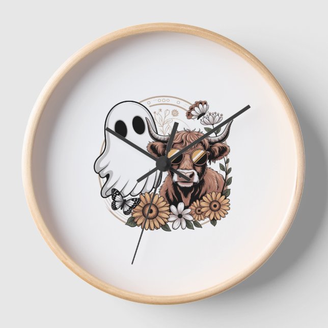 Floral Fall Highland Cow Ghost Uhr (Vorderseite)