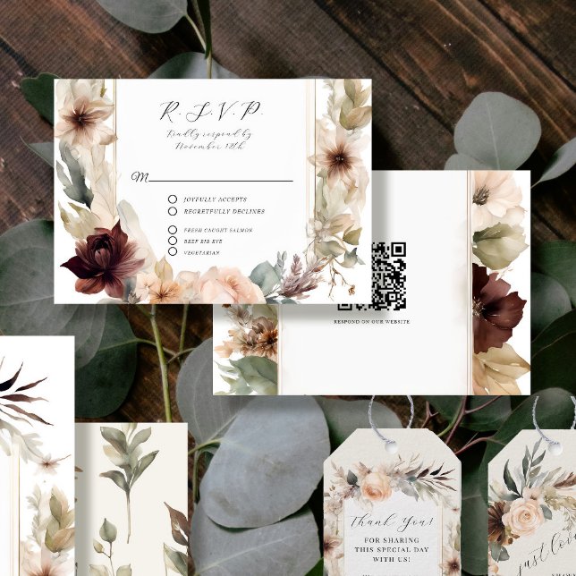 Floral Fall Mute Rose Peony Peach QR Code Hochzeit RSVP Karte (Von Creator hochgeladen)
