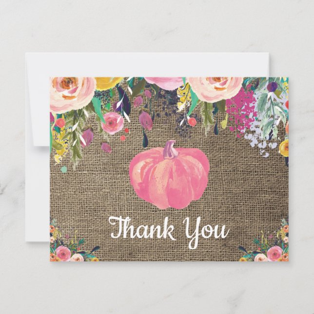 Floral Fall Pumpkin Burlap Danke Karte (Vorderseite)