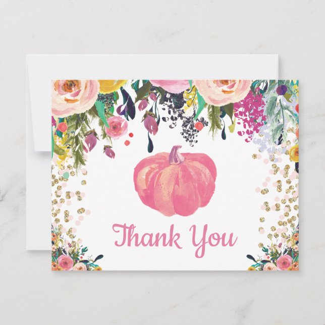 Floral Fall Pumpkin Pink Gold Glitzer Confetti Dankeskarte (Vorderseite)