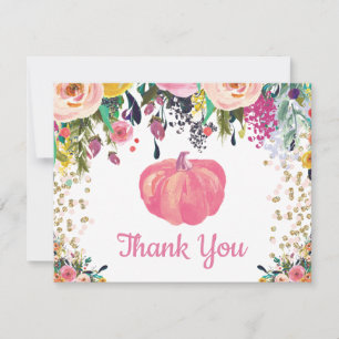 Floral Fall Pumpkin Pink Gold Glitzer Confetti Dankeskarte