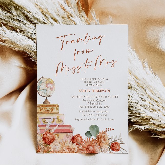 Floral Fall Reise von Miss Brautparty Einladung (Boho Floral Fall Traveling from Miss to Mrs Bridal Shower Invitation, Burn Orange, Rust Boho Floral)