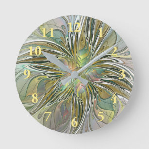 Floral Fantasy Modern Fractal Art Flower With Gold Runde Wanduhr
