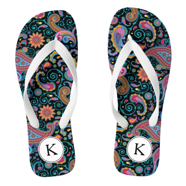 Floral farbenfroh Paisley White Accent Monogram Flip Flops (Fußbett)