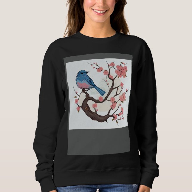 Floral Fauna Eastern Blue Bird Pink Cherry Blossom Sweatshirt (Vorderseite)