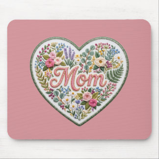 Floral Faux Embroidery Heart Mom Mousepad