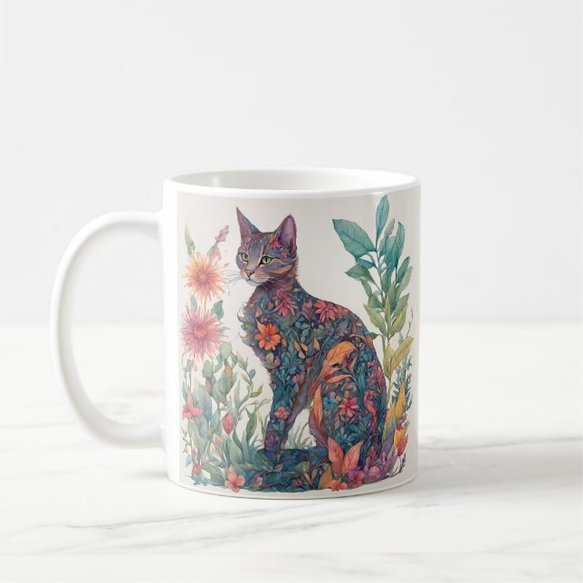 Floral Feline Cat Farbenfrohe Illustrierte Tasse (Links)