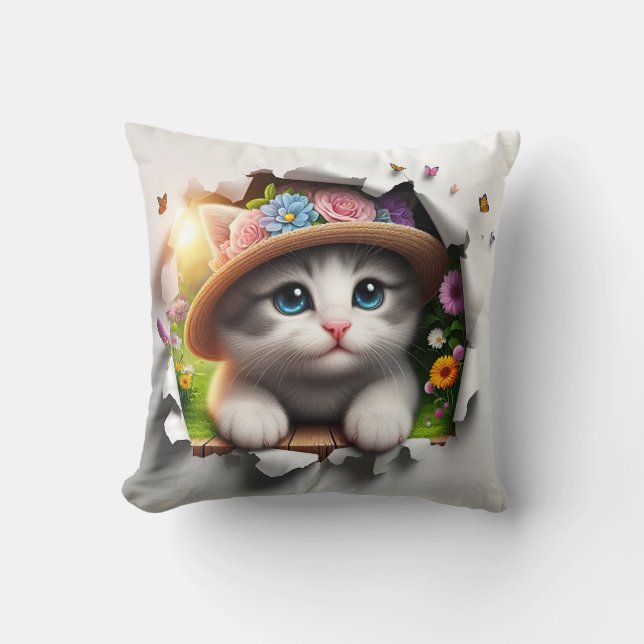 Floral Feline Fantasy: Ein Whimsical Cat Portrait Kissen (Vorderseite)