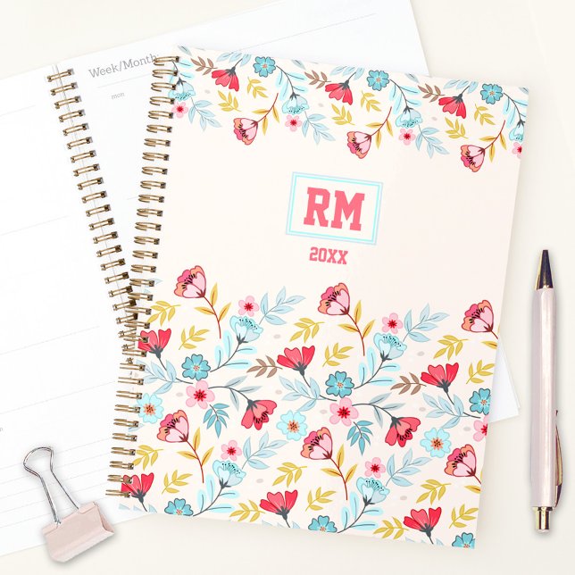 Floral Feminine Pink Blue Creme farbenfrohe Monogr Planer (Floral Feminine Pink Blue Colorful Monogram Planner)