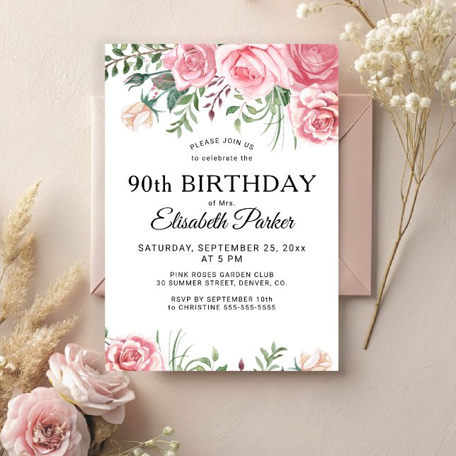Floral feminine pink flowers 90th birthday party  einladung (Von Creator hochgeladen)