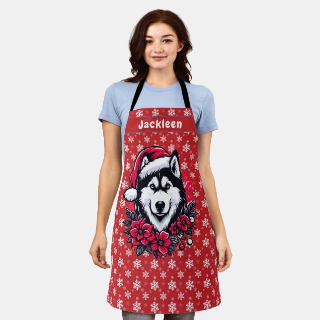 Floral Festive Santa Husky Hund Personalisierter N Schürze (Getragen)