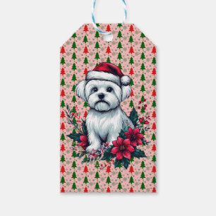 Floral festlicher maltesischer Hund mit Weihnachts Geschenkanhänger